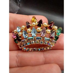Vintage Crown Multicolor Rhinestone Brooch seed faux pearls AB rhinestones B4